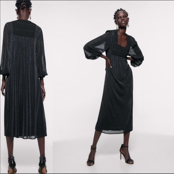 ZARA BLACK SILVER METALLIC SMOCKED DRESS SIZE L - Picture 2 of 8